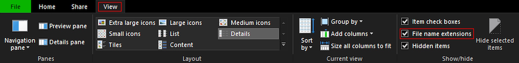 Showcase of how to enable file extensions on File Explorer in Windows 10
